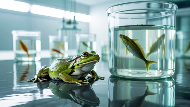 A green frog sits beside glass containers with fish, set in a modern laboratory environment, highlighting themes of biology and aquatic life.
