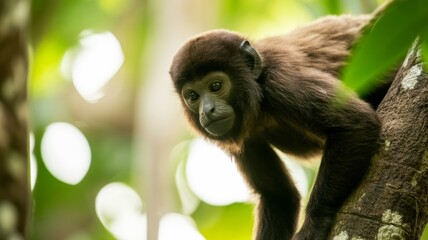 A young monkey clings to a tree branch, surrounded by lush greenery and soft, diffused light, showcasing the beauty of wildlife in its natural habitat.
