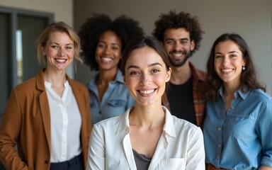 Obraz premium Diverse team of cheerful happy business employees meeting in office, looking at camera, smiling, laughing, celebrating success. Senior female leader, boss, teacher posing with group. Vertical portrait