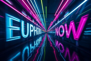 Vibrant neon lights spell out euphoria now in a dazzling tunnel of electric blue pink and yellow hues creating a futuristic and energetic atmosphere