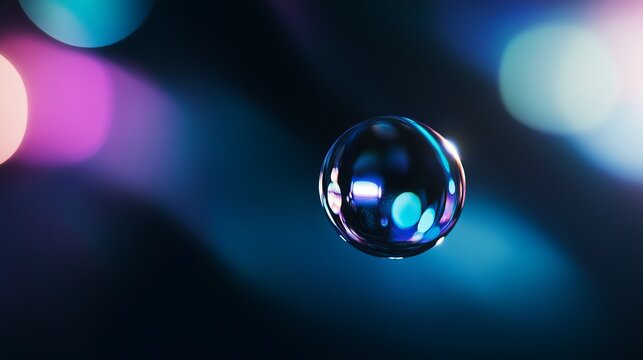Soap bubble with rainbow holographic glow floating against a black background, showcasing vibrant colors and delicate textures in a captivating visual display