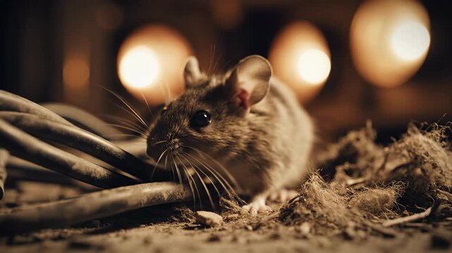 Small wild mouse foraging near electrical cables in dim light