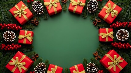 Christmas gift wreath with pinecones and berries on green
