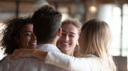 Fototapeta premium Friends share smiles and laughter during a joyful reunion in a cozy indoor setting
