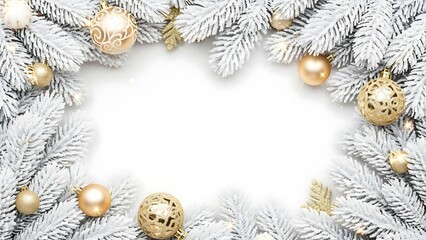Frosted fir branches with golden ornaments border for winter holidays