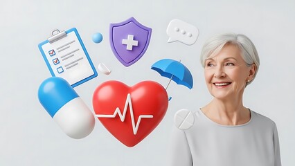 Senior woman surrounded by health and insurance icons, symbolizing healthcare