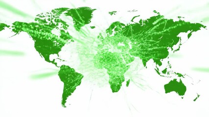 Dynamic green world map with radiating light beams symbolizing global connectivity digital communication technological advancement and interconnected networks across continents. - Powered by Adobe