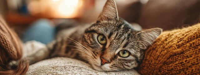 Cat relaxing on a cozy sweater while resting on a person's lap indoors during the day