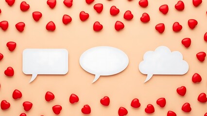 Three speech bubbles and red heart candies on peach background, communication concept