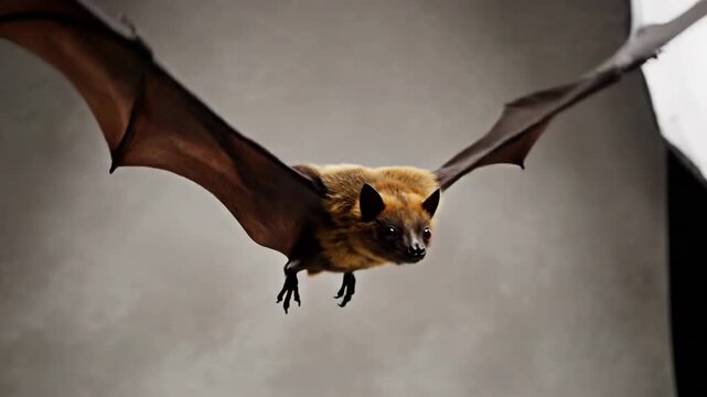 Small brown bat in flight wings spread detailed fur texture nocturnal creature flying in dim lighting
