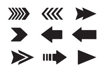 Set of black arrow icons in various styles pointing right and left on a clean white background