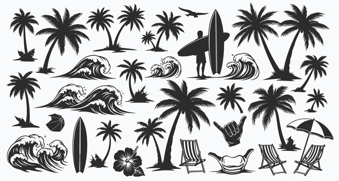 Tropical beach scene silhouettes featuring palm trees surfing and ocean waves - Powered by Adobe