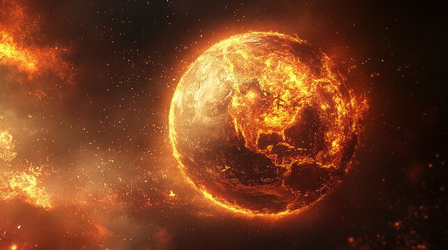 A dramatic fiery lava planet glows intensely against the darkness of space, its molten surface erupting with streams of burning magma, cracks of glowing lava, and swirling volcanic heat. The planet’s 