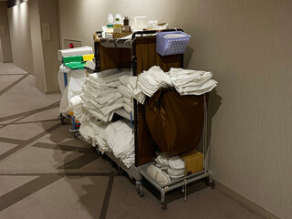 Housekeeping Cart in Hotel Corridor. Clean Business Environment Concept. Handheld Phone Photo, Selective Focus, Non-AI