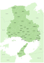 日本の都市の詳細地図シリーズ。兵庫県の市町村名付きの地図。A series of detailed maps of Japanese cities. A map of Hyogo prefecture with city and town names.