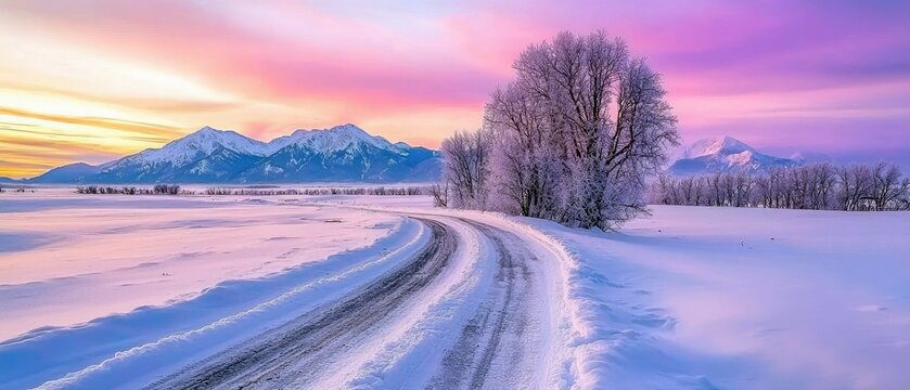 A winding road covered in snow leads through a winter landscape, with snow-covered mountains and trees under a colorful sunset sky. - Powered by Adobe