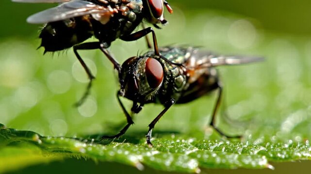 Close up of a fly perched on a green leaf featuring detailed insect macro photography