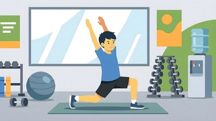 Flat vector illustration of a man performing lunge exercises on a mat within a fully equipped gym interior.