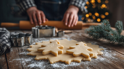 Cozy winter kitchen scene featuring holiday cookie baking with gingerbread dough, stars, and festive decorations, perfect for seasonal advertising.