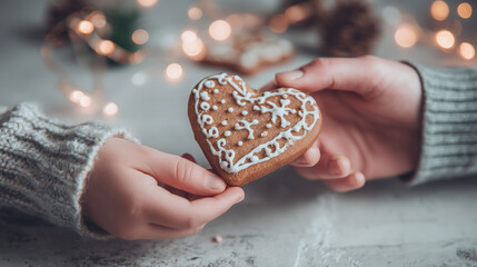 A heart-shaped gingerbread cookie decorated with white icing, exchanged between hands during the festive season, symbolizing warmth and love.
