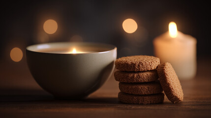 Cozy winter scene featuring a candle, a bowl, and ginger cookies, perfect for holiday advertising and presentations.