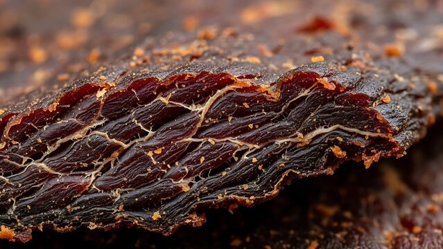 Close up of beef jerky showing texture, fibers and dried meat.