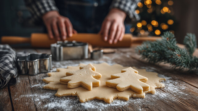 Cozy winter kitchen scene featuring holiday cookie baking with gingerbread dough, stars, and festive decorations, perfect for seasonal advertising.