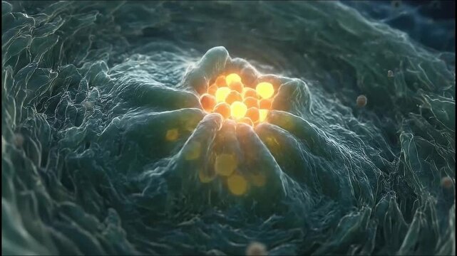 Video of 3D visualization of a human cell membrane absorbing folic acid molecules, high-detail textures, soft bioluminescent glow, scientific medical CGI