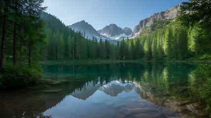Serene alpine lake reflecting majestic snow capped mountains and dense evergreen forest under a clear blue sky
