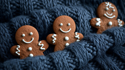 Three cheerful gingerbread cookies on a cozy knitted background, perfect for holiday decor or festive culinary themes.