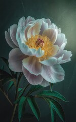Elegant white peony in soft, ambient lighting.