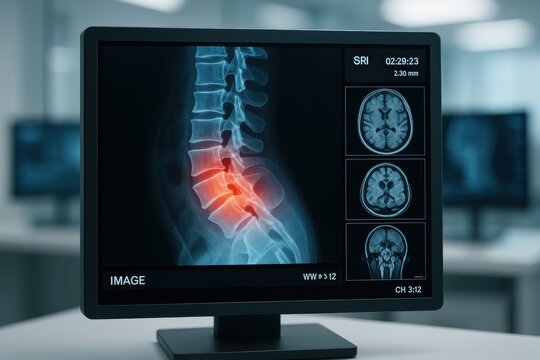 Medical Insight: A close-up view of a computer monitor displaying detailed medical imaging, highlighting a region of the human spine with an area of interest emphasized in radiant colors.