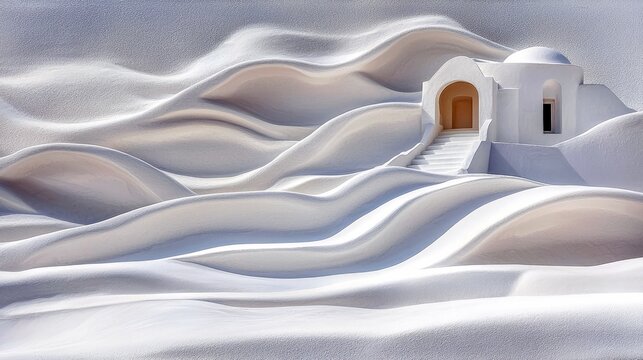 A white building with a domed roof and arched doorway sits on a wavy, textured landscape, bathed in bright sunlight. The scene evokes a sense of peace and seren