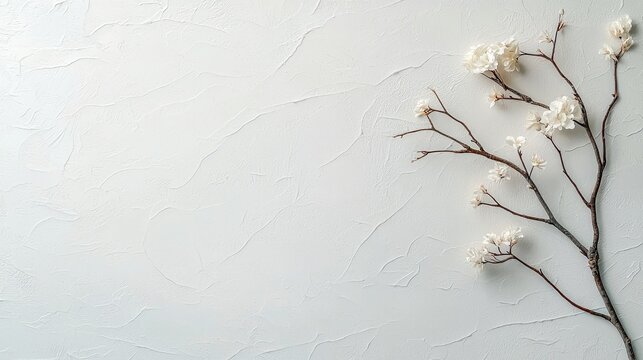 Close-up of a branch with white flowers against a textured white background, creating a minimalist and elegant composition. - Powered by Adobe