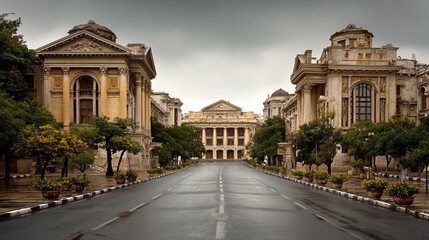 Fototapeta premium A wide empty urban road stretches through a cityscape lined with classical architecture. Grand facades, stone columns, and historic buildings frame the roadway, creating a timeless blend of urban stru