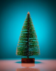 Festive Merry Christmas and Happy New Year Card with Green Spruce Tree and Lights on Blue Winter Background &ndash; Holiday Seasonal Design with Copy Space