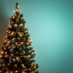 Festive Merry Christmas and Happy New Year Card with Green Spruce Tree and Lights on Blue Winter Background &ndash; Holiday Seasonal Design with Copy Space