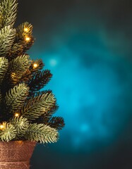 Festive Merry Christmas and Happy New Year Card with Green Spruce Tree and Lights on Blue Winter Background &ndash; Holiday Seasonal Design with Copy Space