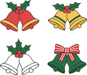 A set of four pairs of charming cartoon Christmas bells, each pair featuring festive embellishments like holly, berries, or a striped bow, in different color combinations.