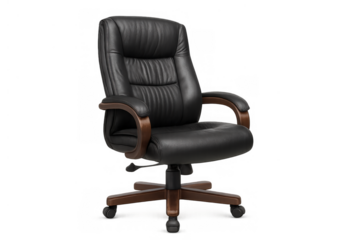 Black leather executive office chair providing comfort and professional style for business, workspace, and productivity, transparent background