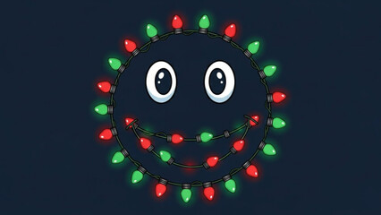 A cheerful smiley face formed from glowing red and green christmas lights against a dark background perfect for holiday greetings and festive designs