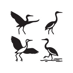 Naklejka premium Bird Silhouettes, Elegant Heron and Crane Vector Illustrations. 