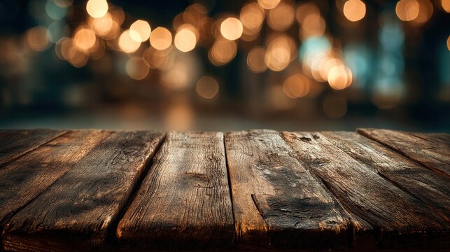 Dark rustic wood table blurred warm bokeh lights deep dark moody background. High quality