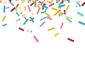 Numerous vibrant and pastel cylindrical jimmies falling dynamically, frozen in motion against a transparent studio background with copy space, concept for dessert decoration