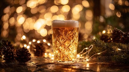 A single beer glass surrounded by glowing fairy lights creating a cozy festive atmosphere with a warm winter themed background of pine branches and cones. High quality