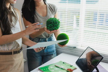 Women discussing sustainable business development planning for environment