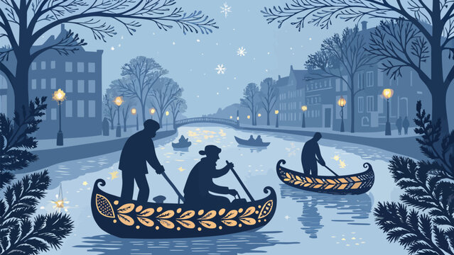 Serene winter canal scene with gondolas and gentle snowfall, a romantic escape to a peaceful cityscape
