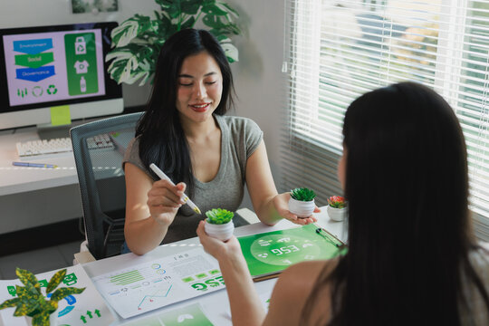 Asian businesswomen discussing esg strategy holding potted plants