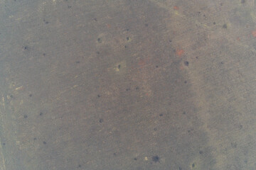 Top-down abstract aerial view of a vibrant green textured meadow with a winding drainage channel and subtle traces of war damage.