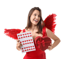 Young woman dressed as Cupid with gift and card on white background. Valentine's Day celebration